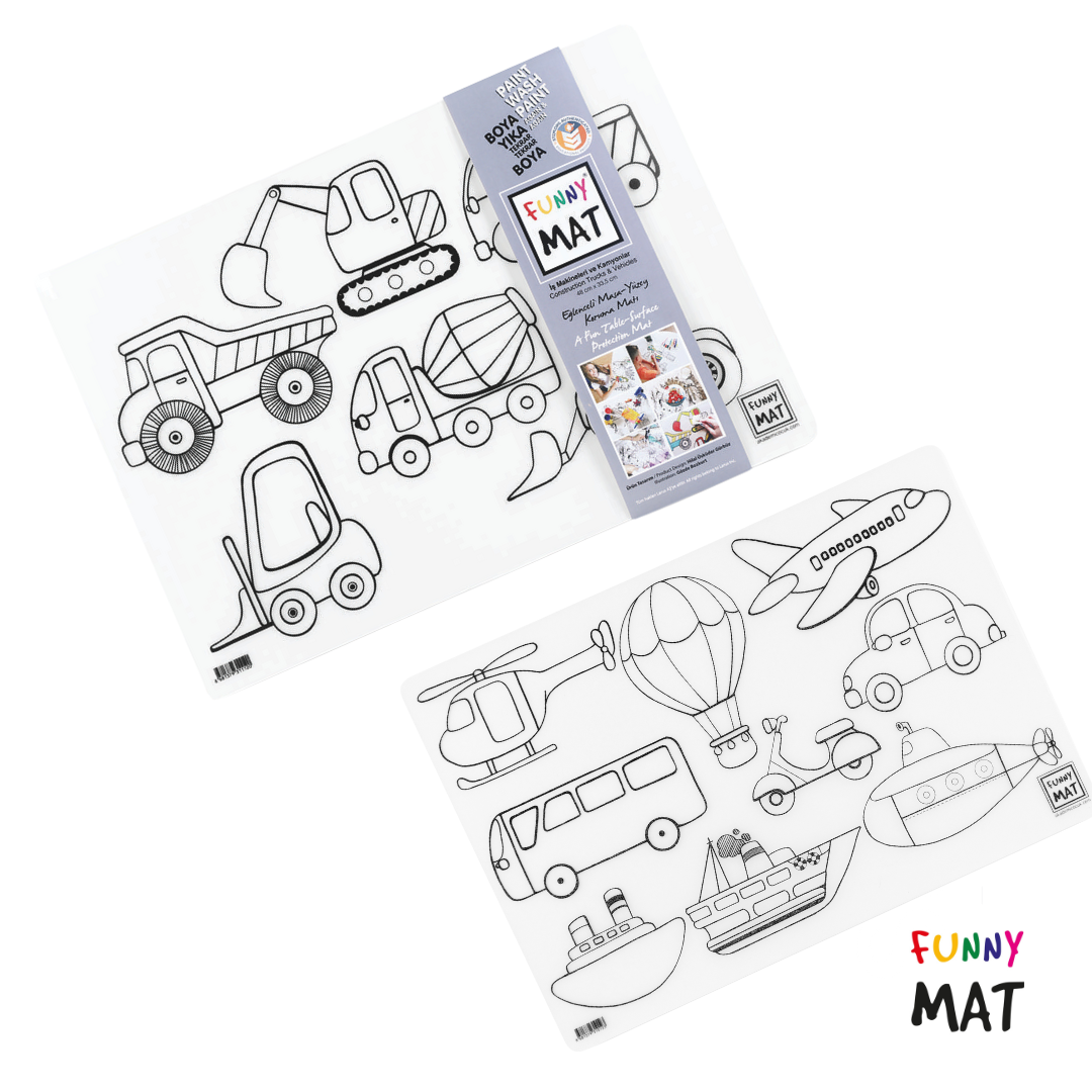 Funny Mat 3in1 Desk Mat, Reusable Coloring Book, Craft Mat for Kids, 2 pcs. CONSTRUCTION VEHICLES A…