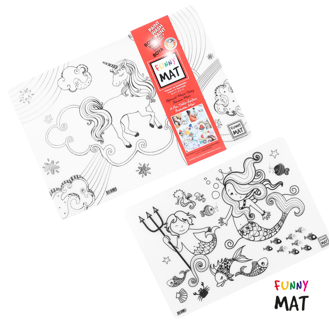 Funny Mat 3in1 Desk Mat, Reusable Coloring Book, Craft Mat for Kids, 2 pcs. MERMAID AND UNICORN