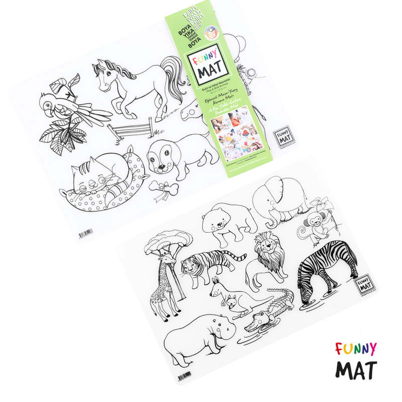 Funny Mat 3in1 Desk Mat, Reusable Coloring Book, Craft Mat for Kids, 2 pcs. PETS AND WILD ANIMALS