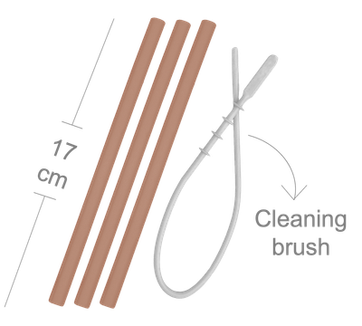 MinikOiOi Flexi Straws - 3 pcs &amp; Brush - Woody Brown - Reusable silicone straw with brush