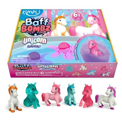 Zimpli Kids Unicorn Surprise Baff Bombz – 6 Fizzy Bath Bombs with Collectible Figures, Skin Safe