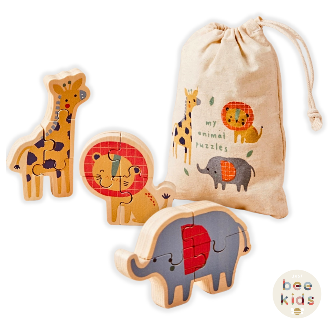 Just Bee Kids Wooden Safari Animal Puzzles – 3 FSC® Puzzles for Toddlers 12m+, with Storage Bag