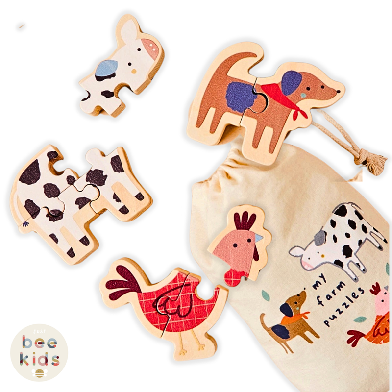 Just Bee Kids Wooden Farm Animal Puzzles – 3 Chunky FSC Puzzles for Toddlers 12m+, with Storage Bag