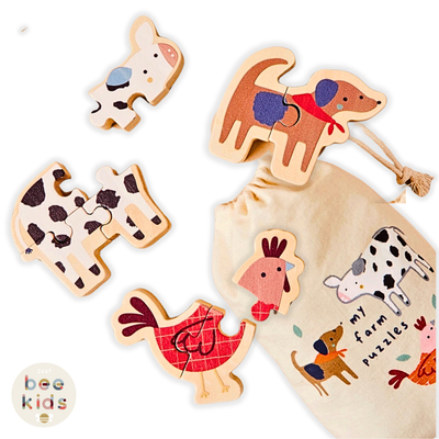 Just Bee Kids Wooden Farm Animal Puzzles – 3 Chunky FSC Puzzles for Toddlers 12m+, with Storage Bag