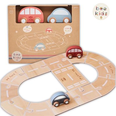 Just Bee Kids Wooden Road Track with Vehicle Toys