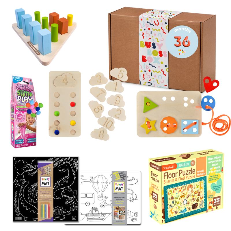 BusyBossBox 7in1– Discovery &amp; Learning Toy Set 3+ years, for focus &amp; sensory development