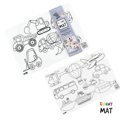 Funny Mat 3in1 Desk Mat, Reusable Coloring Book, Craft Mat for Kids, 2 pcs. CONSTRUCTION VEHICLES A…
