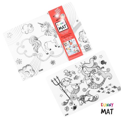 Funny Mat 3in1 Desk Mat, Reusable Coloring Book, Craft Mat for Kids, 2 pcs. MERMAID AND UNICORN