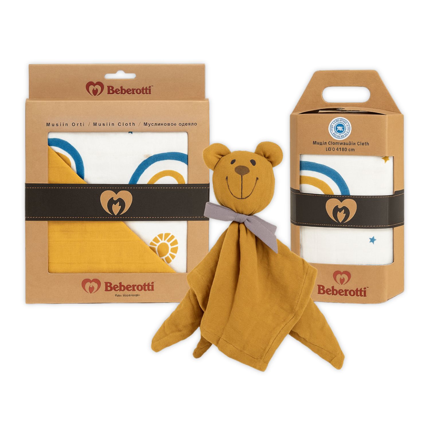 Beberotti Newborn Gift Set – Organic Muslin Baby Blanket, Swaddle &amp; Comfort Toy – 3-Piece Set, 100% Cotton, OEKO-TEX