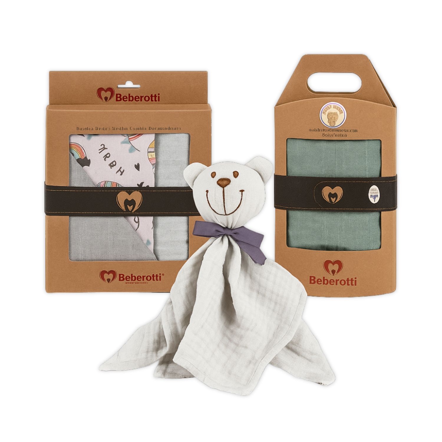Beberotti Newborn Gift Set – Organic Muslin Baby Blanket, Swaddle &amp; Comfort Toy – 3-Piece Set, 100% Cotton, OEKO-TEX