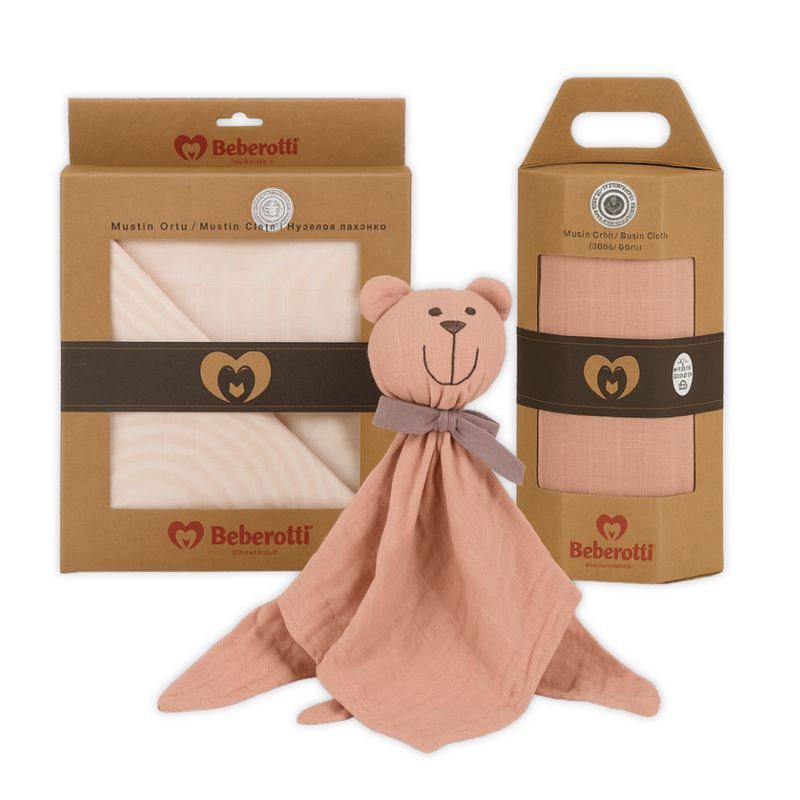 Beberotti Newborn Gift Set – Organic Muslin Baby Blanket, Swaddle &amp; Comfort Toy – 3-Piece Set, 100% Cotton, OEKO-TEX