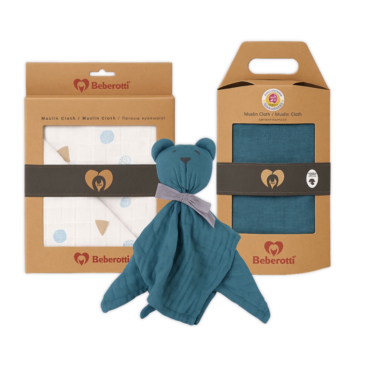 Beberotti Newborn Gift Set – Organic Muslin Baby Blanket, Swaddle &amp; Comfort Toy – 3-Piece Set, 100% Cotton, OEKO-TEX