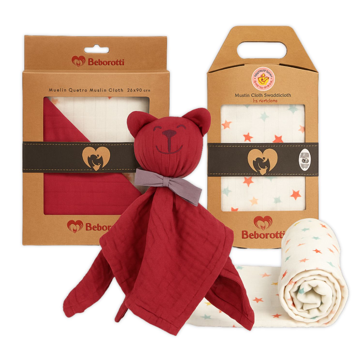 Beberotti Newborn Gift Set – Organic Muslin Baby Blanket, Swaddle &amp; Comfort Toy – 3-Piece Set, 100% Cotton, OEKO-TEX