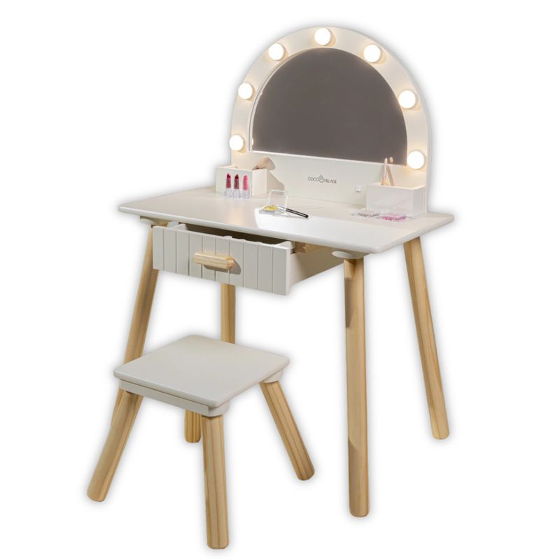 Wooden Kids Vanity Table with Light-Up Mirror &amp; Stool – Dressing Table Toy for Girls
