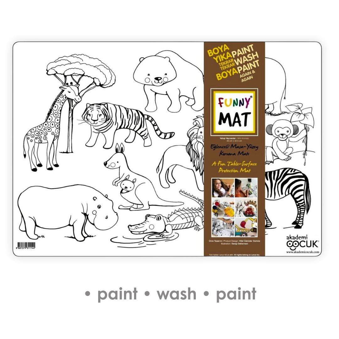 Tapis de Bureau 3en1, Livre de Coloriage Réutilisable, Tapis de Bricolage pour Enfants. ANIMAUX SAUVAGES