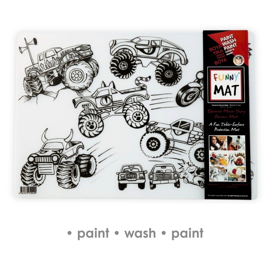 Tapis de Bureau 3en1, Livre de Coloriage Réutilisable, Tapis de Bricolage pour Enfants. CAMIONS MONSTRES