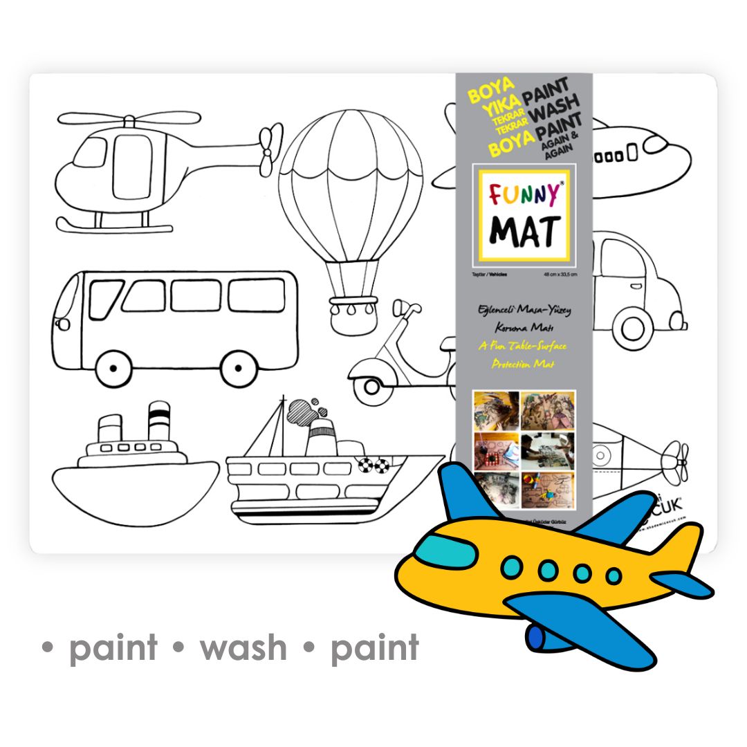 3in1 Desk Mat, Reusable Coloring Book, Craft Mat for Kids. VEHICLES