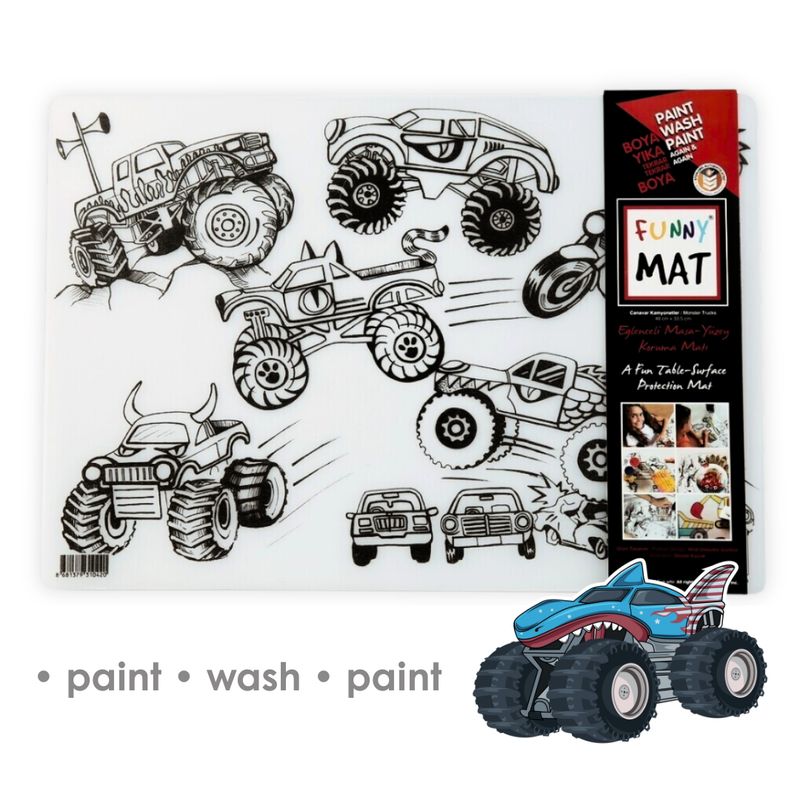3in1 Desk Mat, Reusable Coloring Book, Craft Mat for Kids. MONSTER TRUCKS