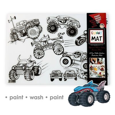 3in1 Desk Mat, Reusable Coloring Book, Craft Mat for Kids. MONSTER TRUCKS