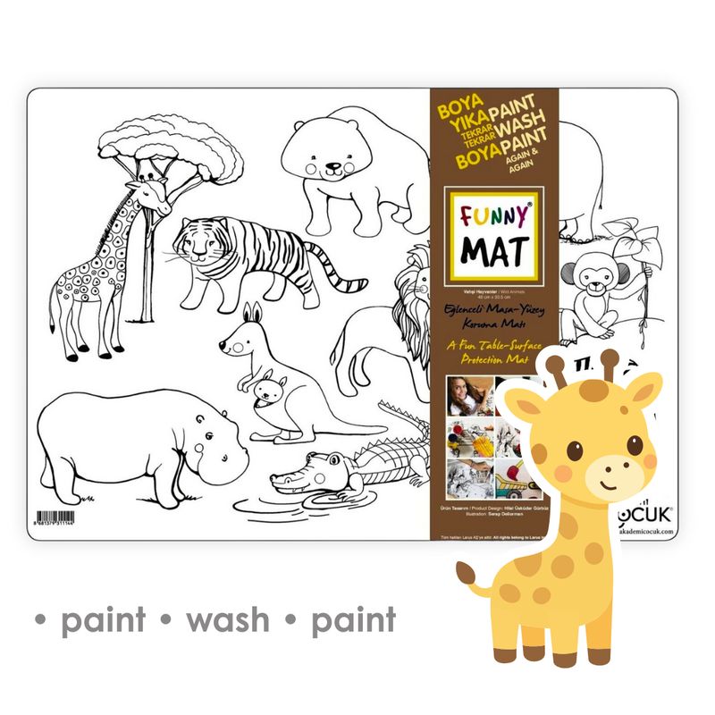 3in1 Desk Mat, Reusable Coloring Book, Craft Mat for Kids. WILD ANIMALS
