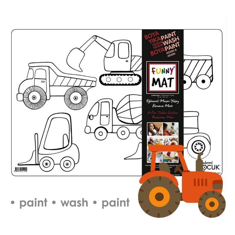 3in1 Desk Mat, Reusable Coloring Book, Craft Mat for Kids. CONSTRUCTION VEHICLES