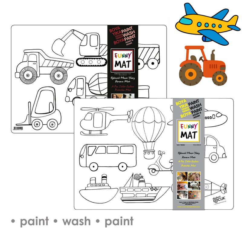 3in1 Desk Mat, Reusable Coloring Book, Craft Mat for Kids, 2 pcs. CONSTRUCTION VEHICLES AND VEHICLES