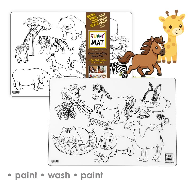 3in1 Desk Mat, Reusable Coloring Book, Craft Mat for Kids, 2 pcs. PETS AND WILD ANIMALS