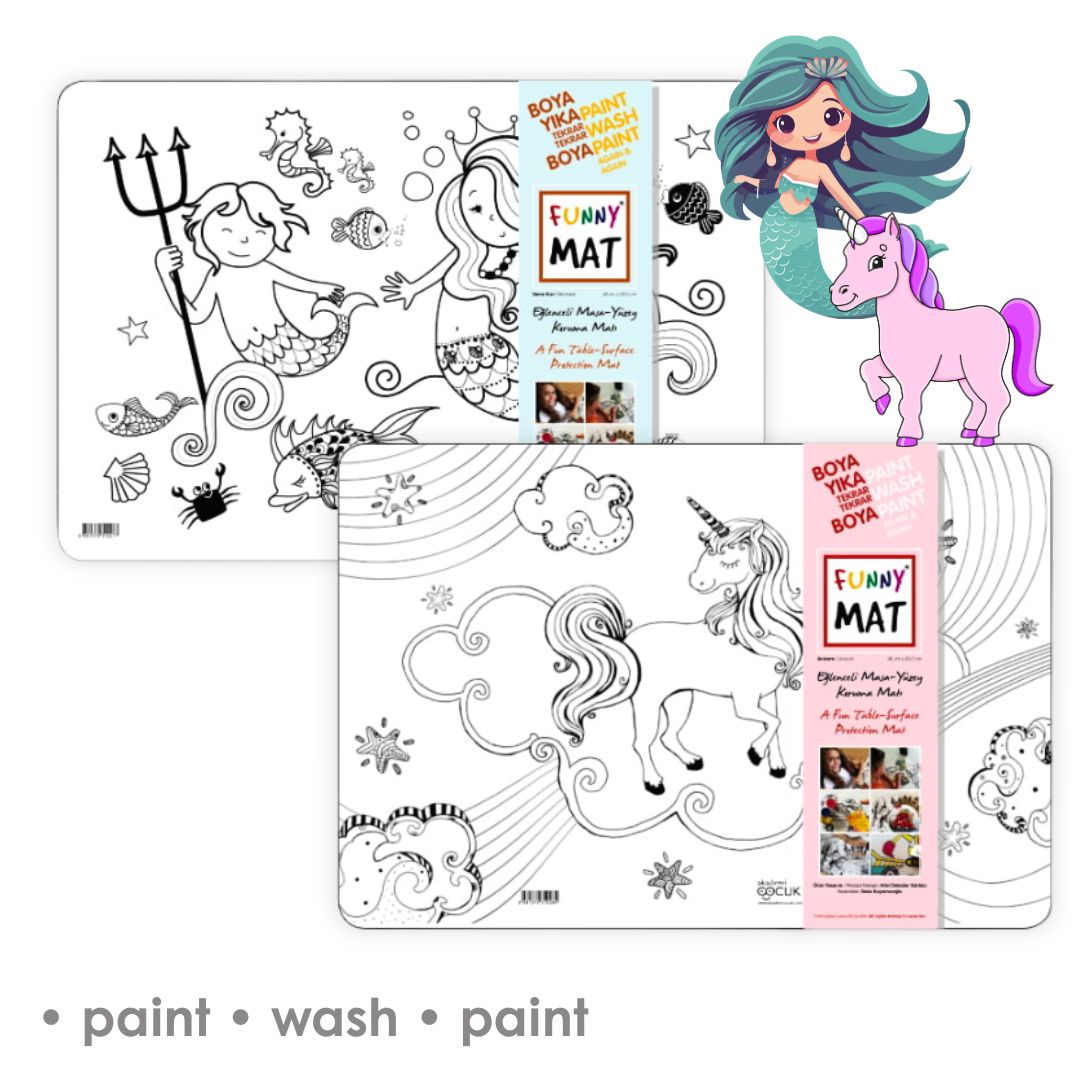 3in1 Desk Mat, Reusable Coloring Book, Craft Mat for Kids, 2 pcs. MERMAID AND UNICORN