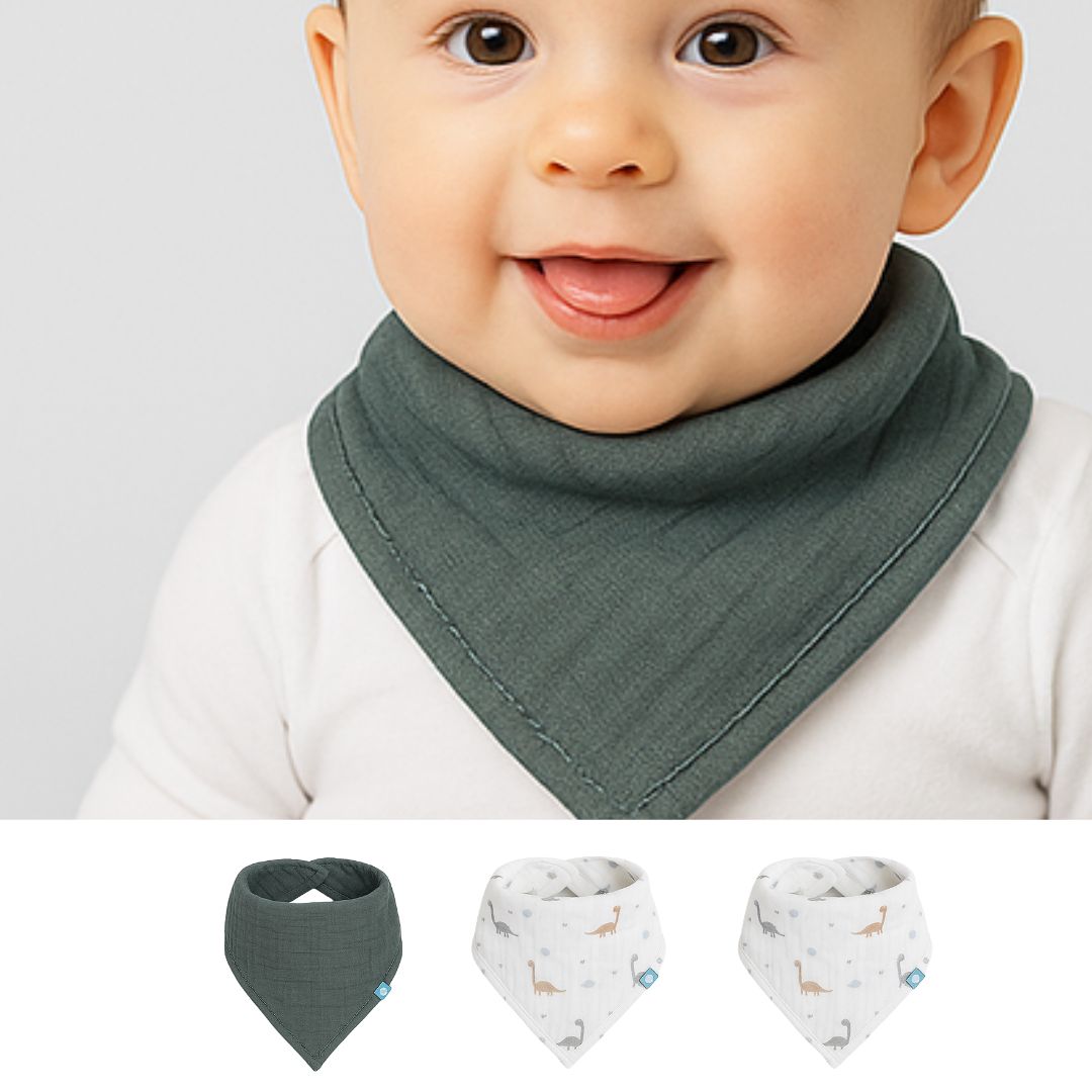 Bandana Bib Set (3 Pcs) - Dinosaurus - Green - 0/1 Years