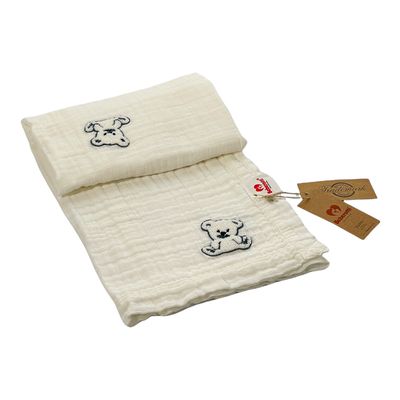 Couverture en mousseline brodée double face bio 4 épaisseurs ours blanc/bleu Beberotti® Couverture en mousseline brodée double face bio 4 épaisseurs ours blanc/bleu