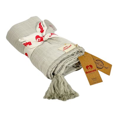 Couverture en mousseline biologique à pompons gris Beberotti® Couverture en mousseline biologique à pompons gris