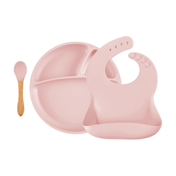 MinikOiOi BLW Set II - Pinky Pink - Silicone bib-plate-spoon