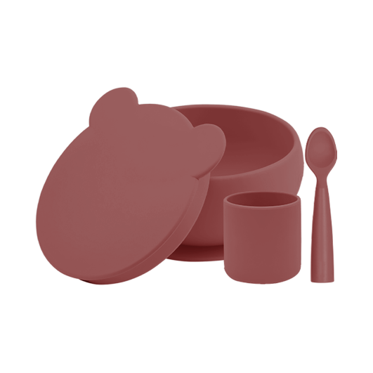 MinikOiOi BLW Set I - Velvet Rose - Ciotola in silicone con coperchio-tazza-cucchiaio