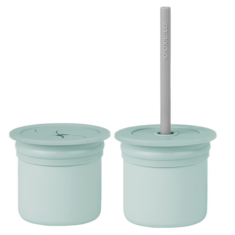 MinikOiOi Sip + Snack - River Green / Powder Grey - 1 tasse, 2 couvercles, 1 paille