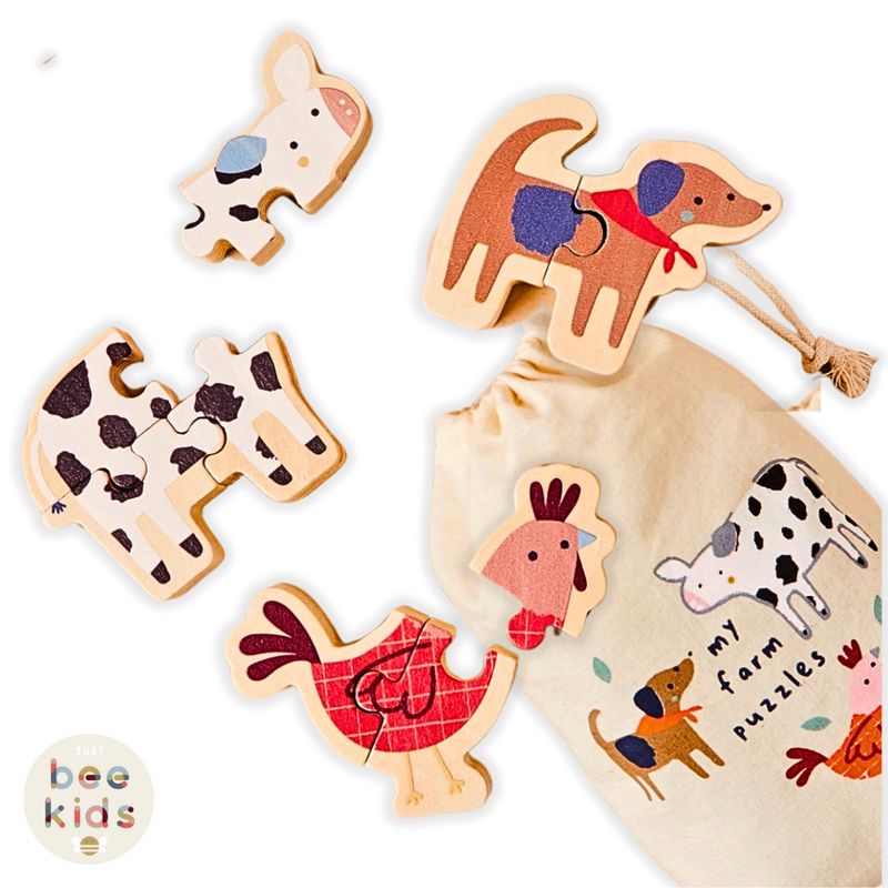 Just Bee Kids Puzzle Animali della Fattoria in Legno – 3 puzzle FSC per bambini da 12 mesi, con sacchetto