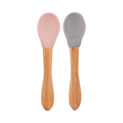Scoops - Pinky Pink / Powder Grey - Silicone tip, bamboo handle spoon MinikOiOi Scoops - Pinky Pink / Powder Grey - Silicone tip, bamboo handle spoon