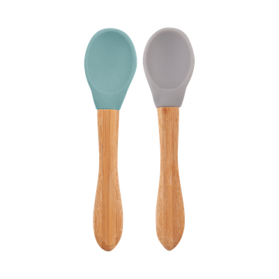 MinikOiOi Scoops - Aqua Green / Powder Grey - Embout en silicone, cuillère à manche en bambou