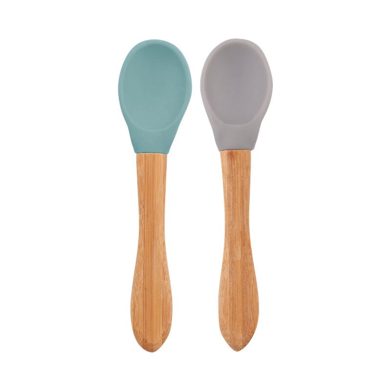 MinikOiOi Scoops - Aqua Green / Powder Grey - Embout en silicone, cuillère à manche en bambou