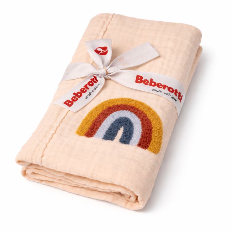 Coperta Organic 4 strati in mussola ricamata double face bianco/arcobaleno