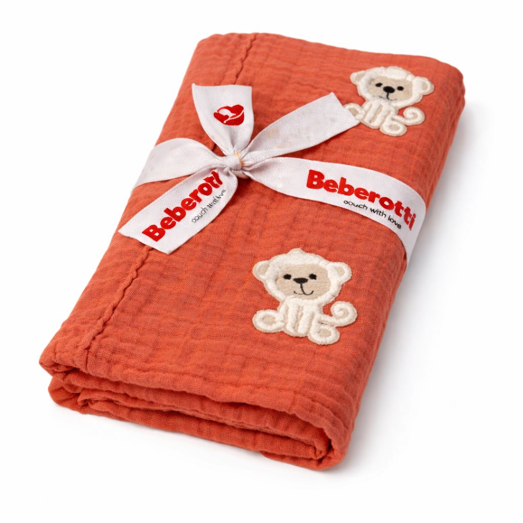 Organic 4 Layered Embroifered Muslin Blanket coral/monkey