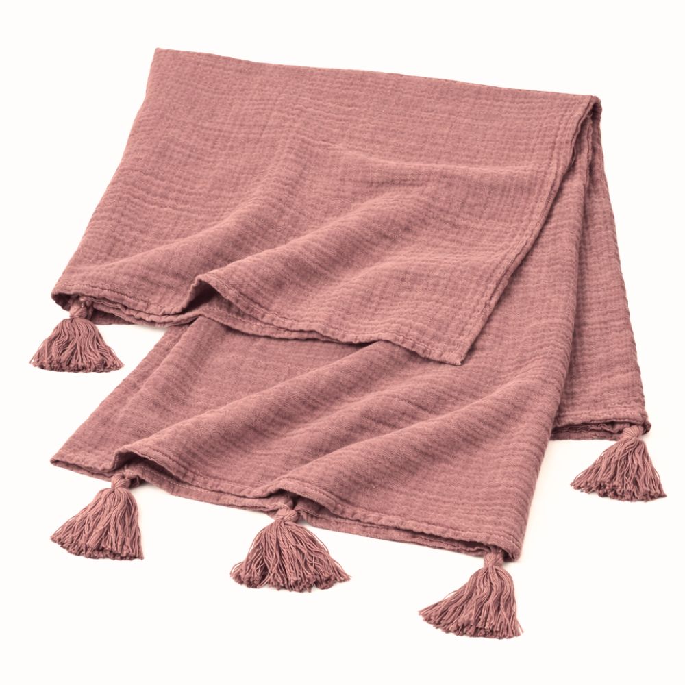 Organic Muslin Tasseled Throw Blanket cinnamon rose