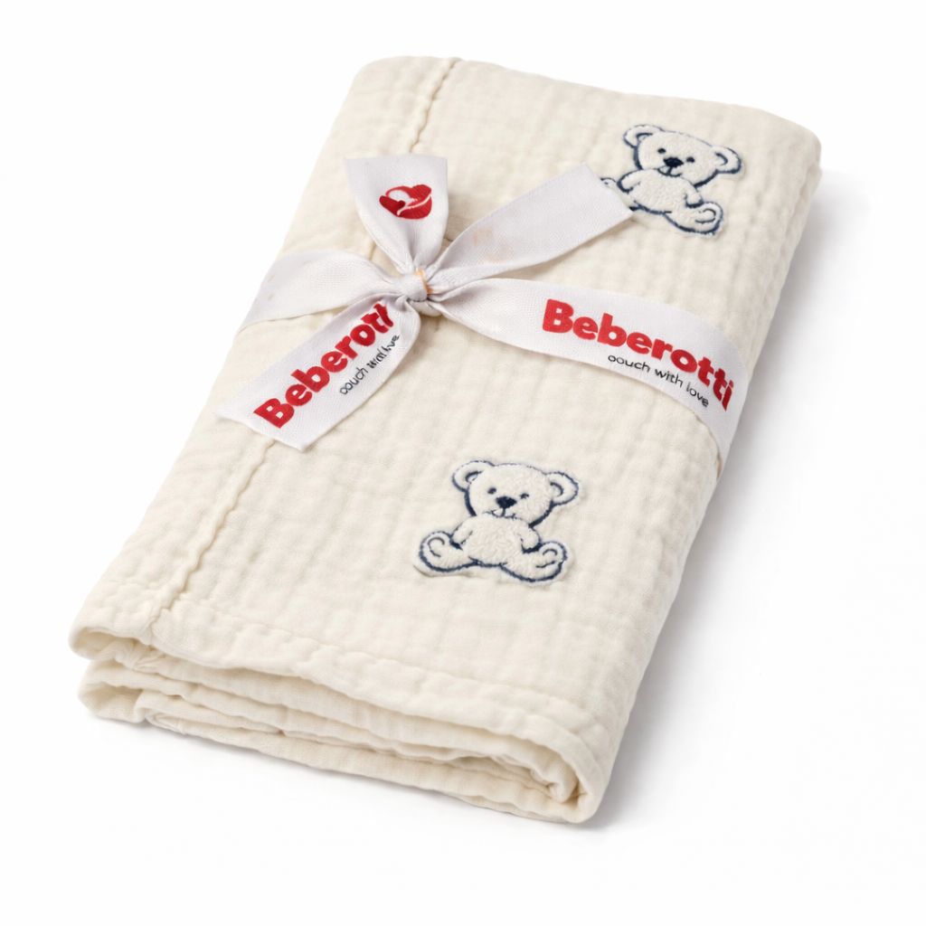 Organic 4 Layered Embroifered Muslin Blanket white/bear