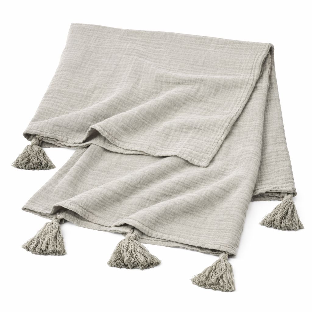 Organic Muslin Tasseled Throw Blanket grey