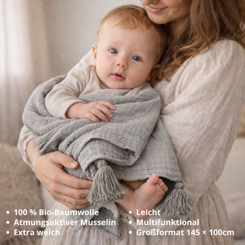 Beberotti Couverture en mousseline biologique à pompons gris, grau – photo produit, sommeil bébé, a…