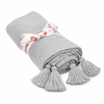 Organic Muslin Tasseled Throw Blanket grey