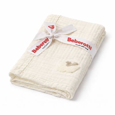 Coperta Organic 4 strati in mussola ricamata double face bianco/nuvola