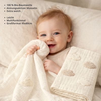 Beberotti Coperta Organic 4 strati in mussola ricamata double face bianco/nuvola, weiß/wolke – foto…
