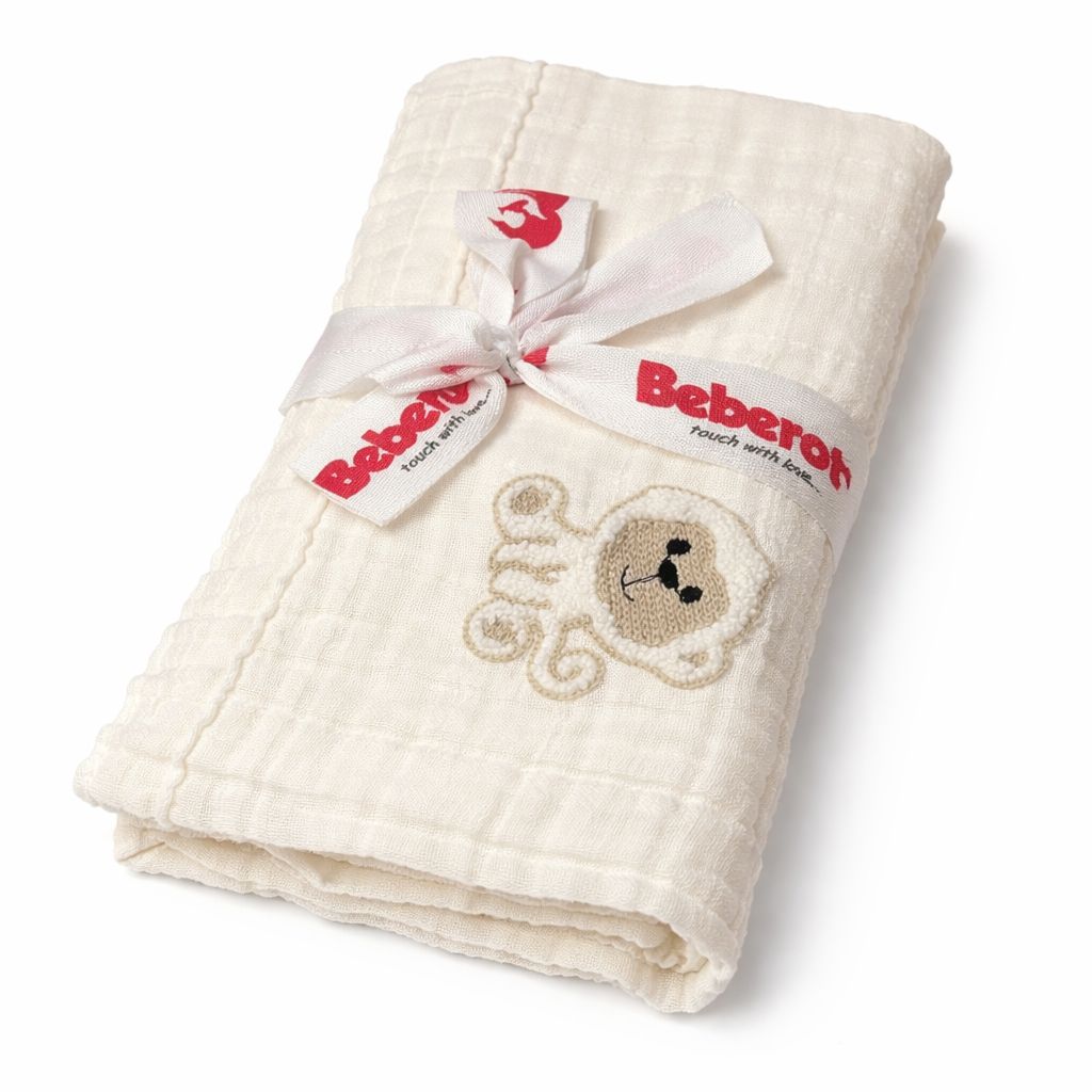 Organic 4 Layered Embroifered Muslin Blanket white/monkey