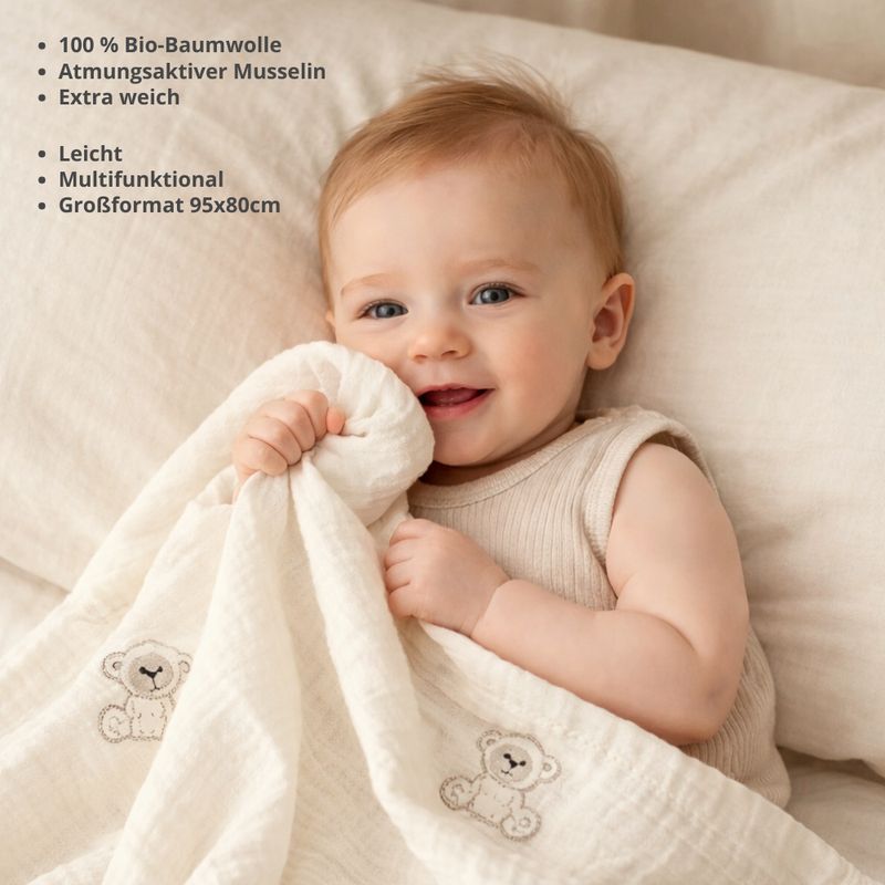 Beberotti Couverture en mousseline brodée double face bio 4 épaisseurs blanc/ours, weiß/bär – photo…