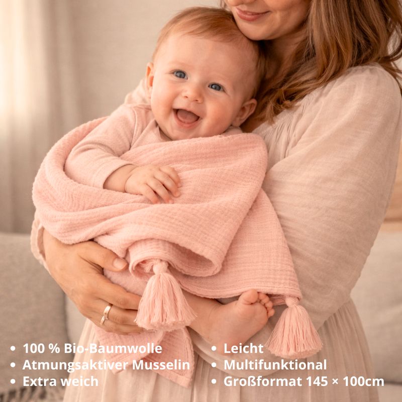 Beberotti Couverture en mousseline biologique à pompons rose, rosa – photo produit, sommeil bébé, a…